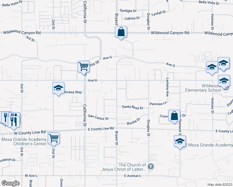 map of restaurants, bars, coffee shops, grocery stores, and more near 13450 Bryant Street in Yucaipa