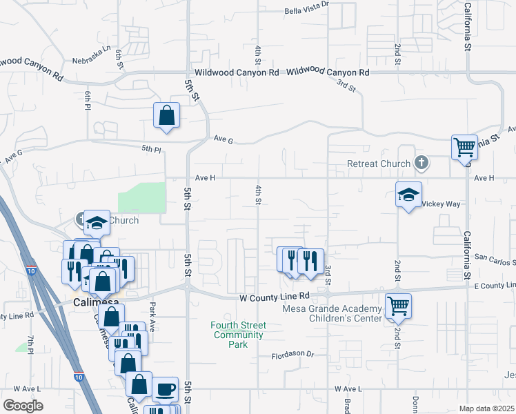 map of restaurants, bars, coffee shops, grocery stores, and more near 13456 4th Street in Yucaipa