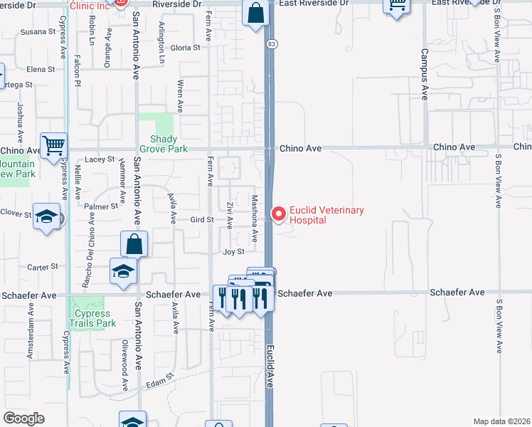 map of restaurants, bars, coffee shops, grocery stores, and more near 13423 Euclid Avenue in Chino