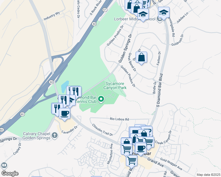 map of restaurants, bars, coffee shops, grocery stores, and more near 22930 Golden Springs Drive in Diamond Bar