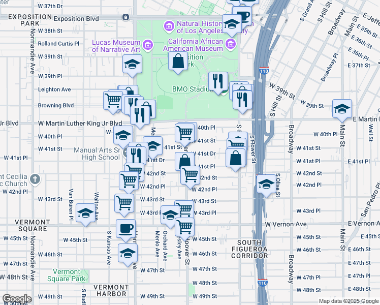 map of restaurants, bars, coffee shops, grocery stores, and more near 4104 South Hoover Street in Los Angeles