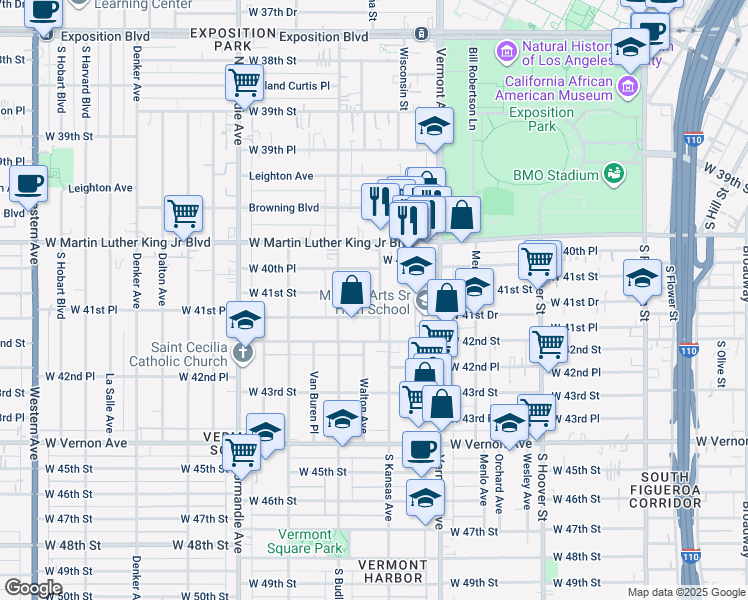 map of restaurants, bars, coffee shops, grocery stores, and more near 1106 West 40th Place in Los Angeles