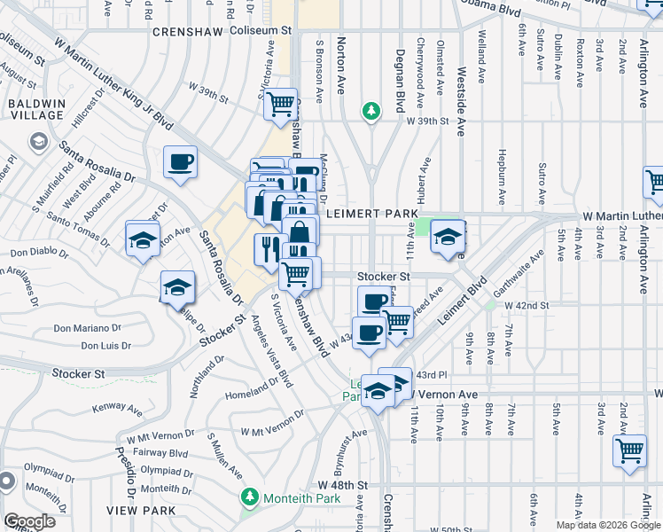 map of restaurants, bars, coffee shops, grocery stores, and more near 4117 South Bronson Avenue in Los Angeles