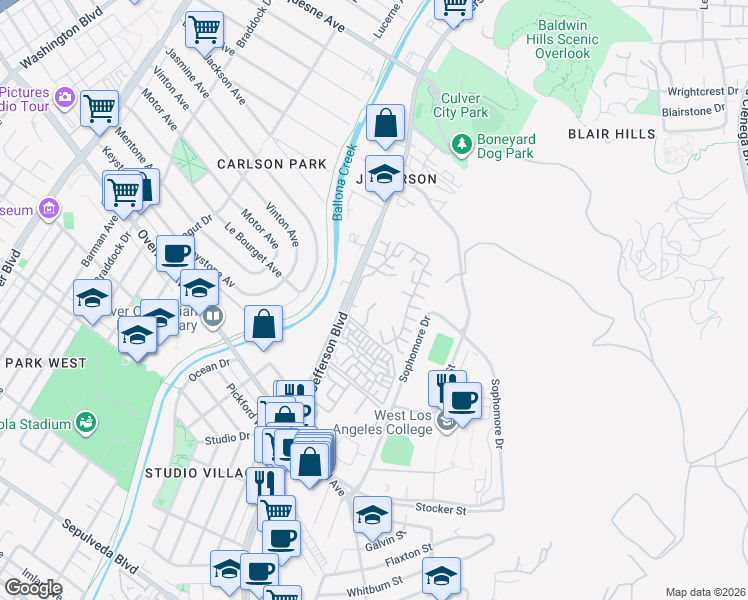 map of restaurants, bars, coffee shops, grocery stores, and more near 1204 Raintree Circle in Culver City