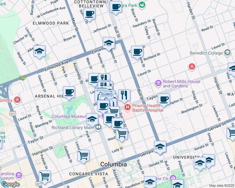 map of restaurants, bars, coffee shops, grocery stores, and more near 1320 Laurel Street in Columbia
