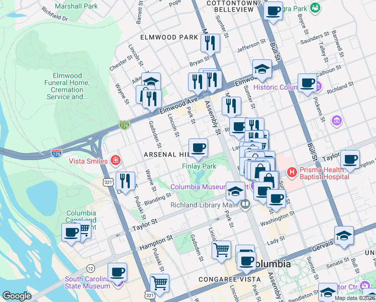 map of restaurants, bars, coffee shops, grocery stores, and more near 907 Richland Street in Columbia
