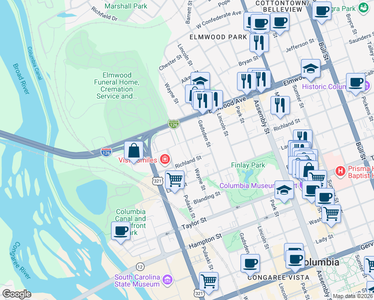 map of restaurants, bars, coffee shops, grocery stores, and more near 701 Calhoun Street in Columbia
