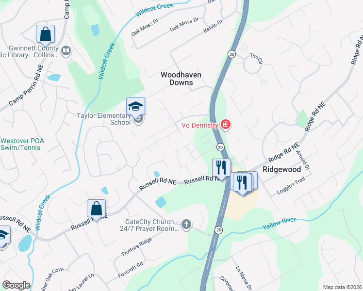 map of restaurants, bars, coffee shops, grocery stores, and more near 1654 Taylor Oaks Drive in Lawrenceville