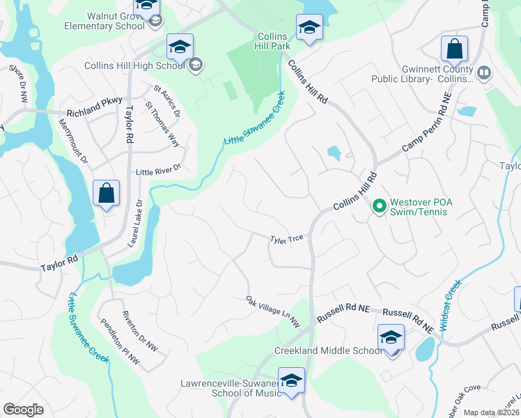 map of restaurants, bars, coffee shops, grocery stores, and more near 1941 Stone Forest Drive in Lawrenceville