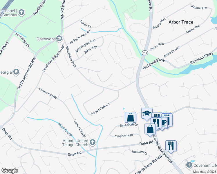 map of restaurants, bars, coffee shops, grocery stores, and more near 2405 Compton Place in Suwanee