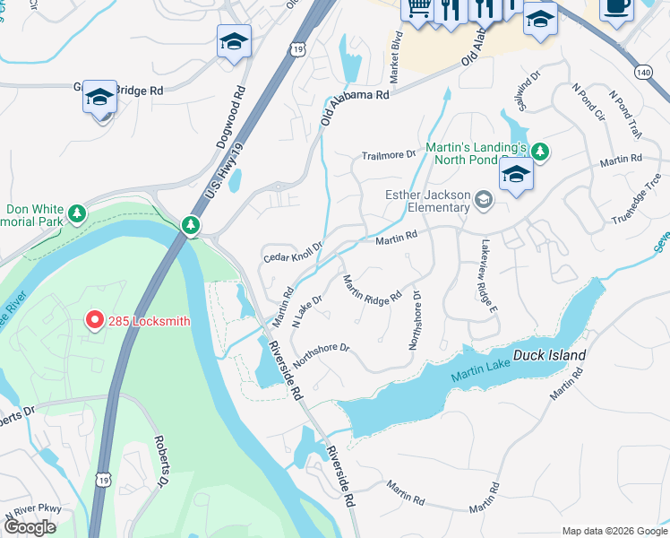 map of restaurants, bars, coffee shops, grocery stores, and more near 9410 North Lake Drive in Roswell
