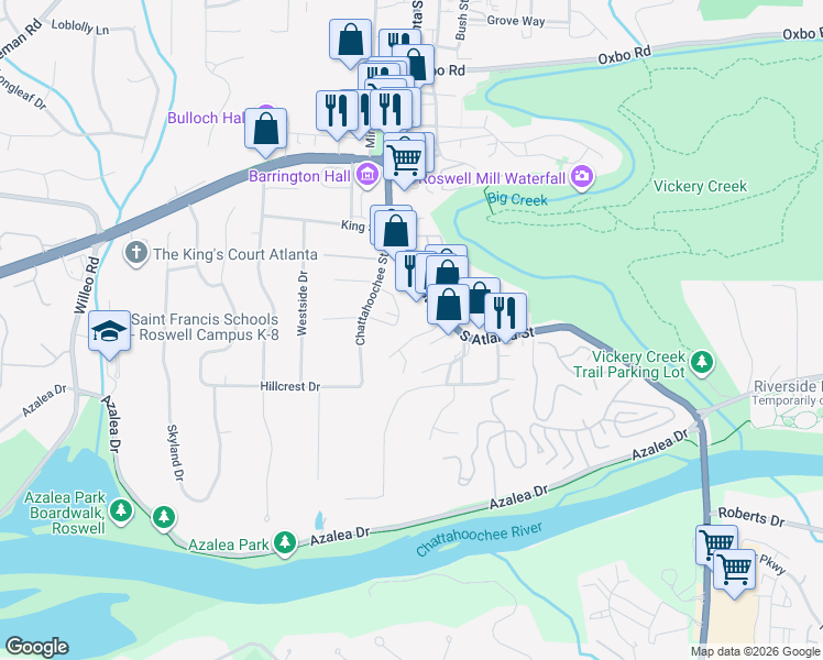 map of restaurants, bars, coffee shops, grocery stores, and more near 408 Georgia 9 in Roswell