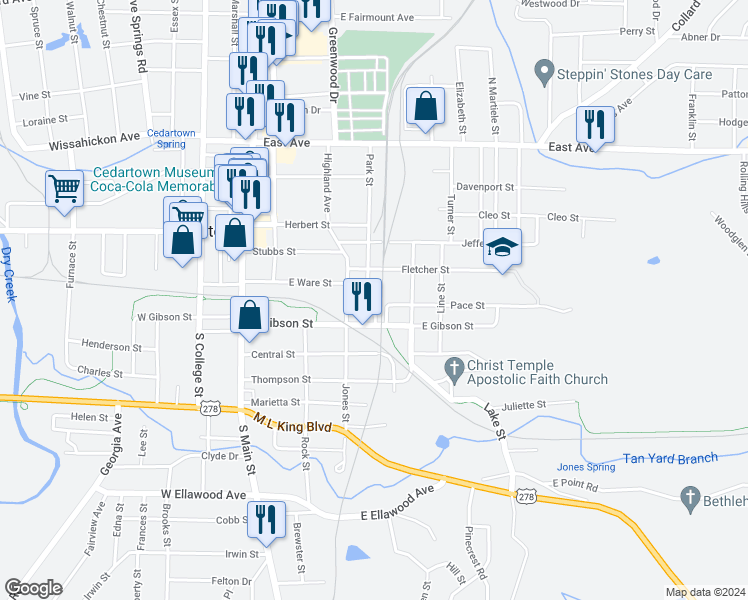 map of restaurants, bars, coffee shops, grocery stores, and more near 427 Park Street in Cedartown