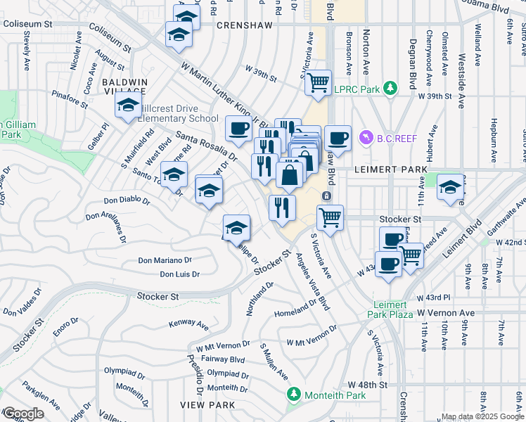 map of restaurants, bars, coffee shops, grocery stores, and more near 3770 Santa Rosalia Drive in Los Angeles