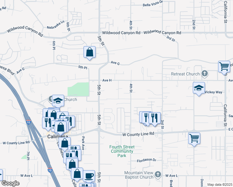 map of restaurants, bars, coffee shops, grocery stores, and more near 13430 Limestone Drive in Yucaipa