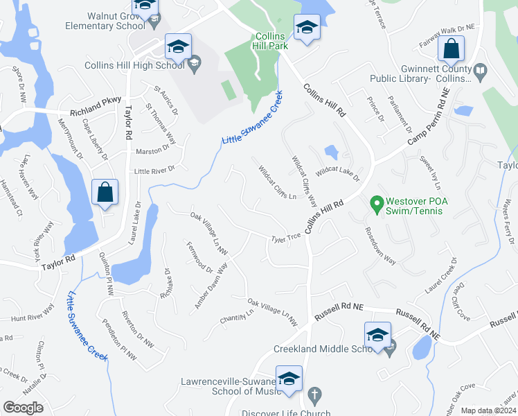 map of restaurants, bars, coffee shops, grocery stores, and more near 1941 Stone Forest Drive in Lawrenceville