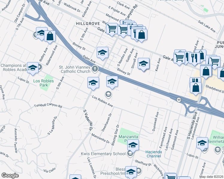 map of restaurants, bars, coffee shops, grocery stores, and more near 15325 Los Robles Avenue in La Puente