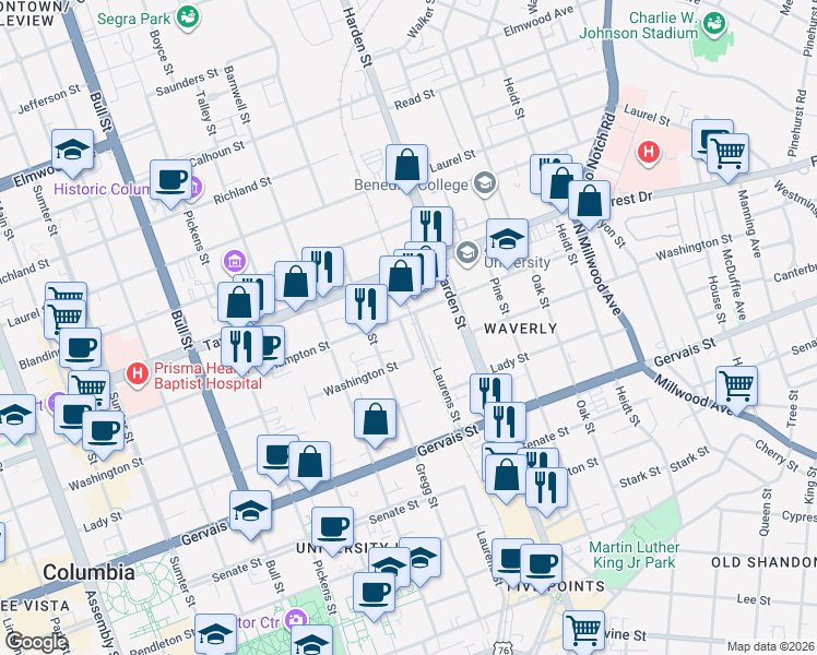 map of restaurants, bars, coffee shops, grocery stores, and more near 1426 Cherokee Street in Columbia