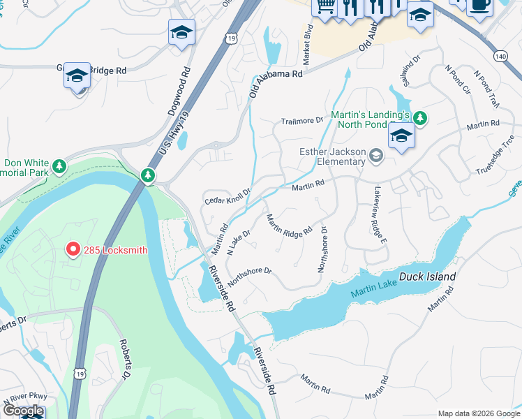 map of restaurants, bars, coffee shops, grocery stores, and more near 9410 North Lake Drive in Roswell