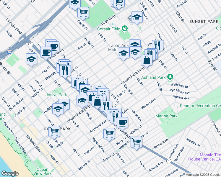 map of restaurants, bars, coffee shops, grocery stores, and more near 1212 Maple Street in Santa Monica