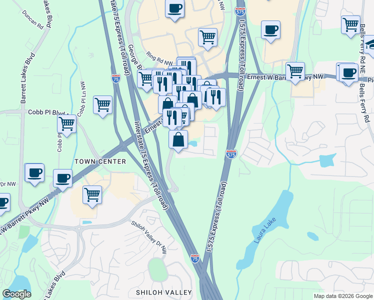 map of restaurants, bars, coffee shops, grocery stores, and more near 523 Roberts Court in Kennesaw