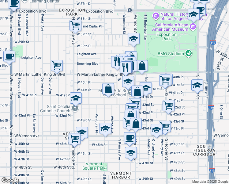 map of restaurants, bars, coffee shops, grocery stores, and more near 1106 West 41st Street in Los Angeles