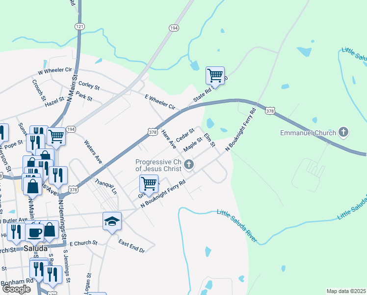 map of restaurants, bars, coffee shops, grocery stores, and more near 106 Cedar Street in Saluda