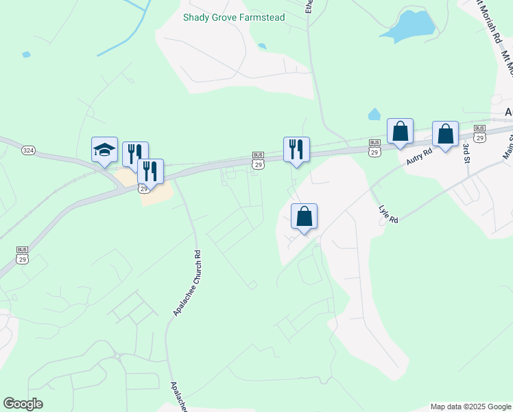 map of restaurants, bars, coffee shops, grocery stores, and more near 68 Auburn Hills Drive in Auburn
