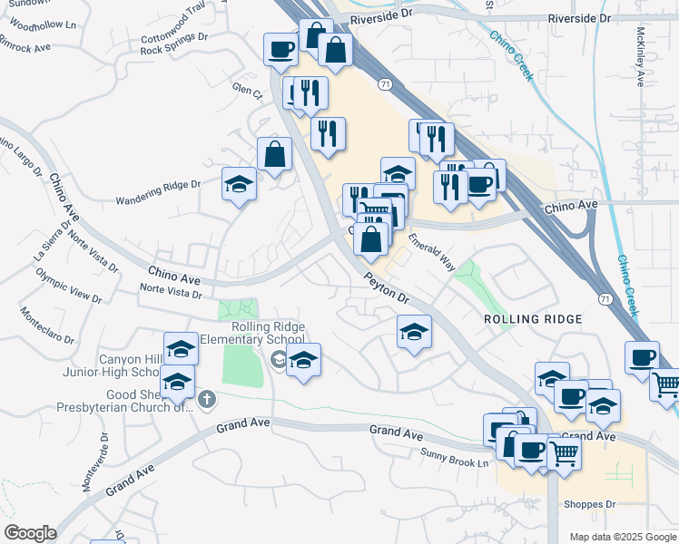 map of restaurants, bars, coffee shops, grocery stores, and more near 13464 Melody Road in Chino Hills