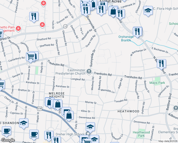 map of restaurants, bars, coffee shops, grocery stores, and more near 1114 Eastminster Drive in Columbia