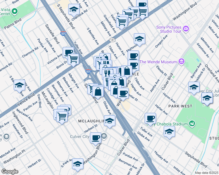 map of restaurants, bars, coffee shops, grocery stores, and more near 3964 Sepulveda Boulevard in Culver City