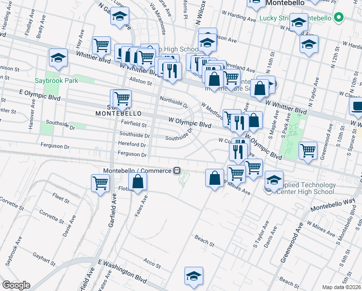 map of restaurants, bars, coffee shops, grocery stores, and more near 2032 Hereford Drive in Montebello