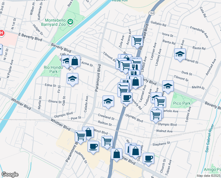 map of restaurants, bars, coffee shops, grocery stores, and more near 4563 Bridgeview Avenue in Pico Rivera