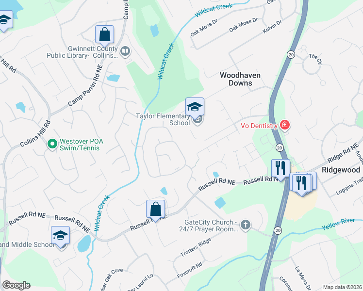 map of restaurants, bars, coffee shops, grocery stores, and more near 2370 Waters Ferry Drive Northeast in Lawrenceville