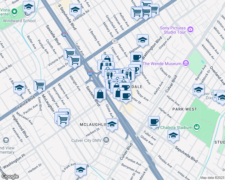 map of restaurants, bars, coffee shops, grocery stores, and more near 3964 Sepulveda Boulevard in Culver City