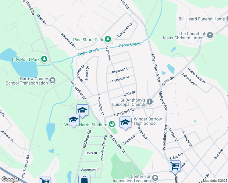 map of restaurants, bars, coffee shops, grocery stores, and more near 156 Ridgeway Street in Winder