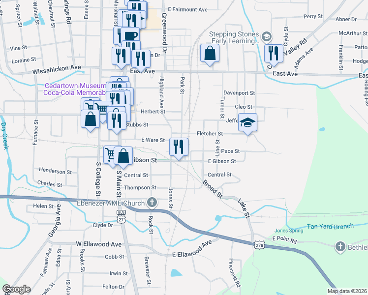 map of restaurants, bars, coffee shops, grocery stores, and more near 427 Park Street in Cedartown