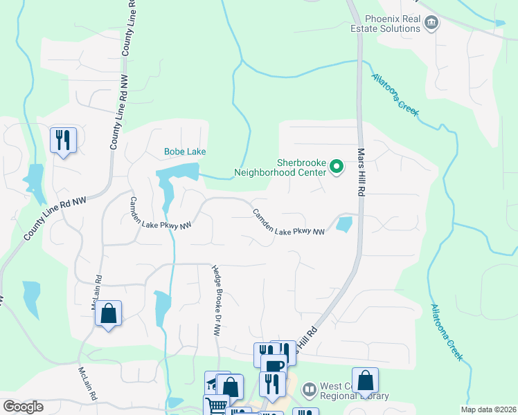map of restaurants, bars, coffee shops, grocery stores, and more near 5194 Camden Lake Parkway Northwest in Acworth
