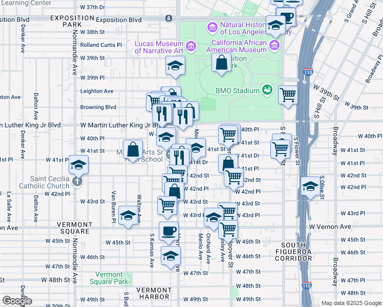 map of restaurants, bars, coffee shops, grocery stores, and more near 910 West 41st Street in Los Angeles
