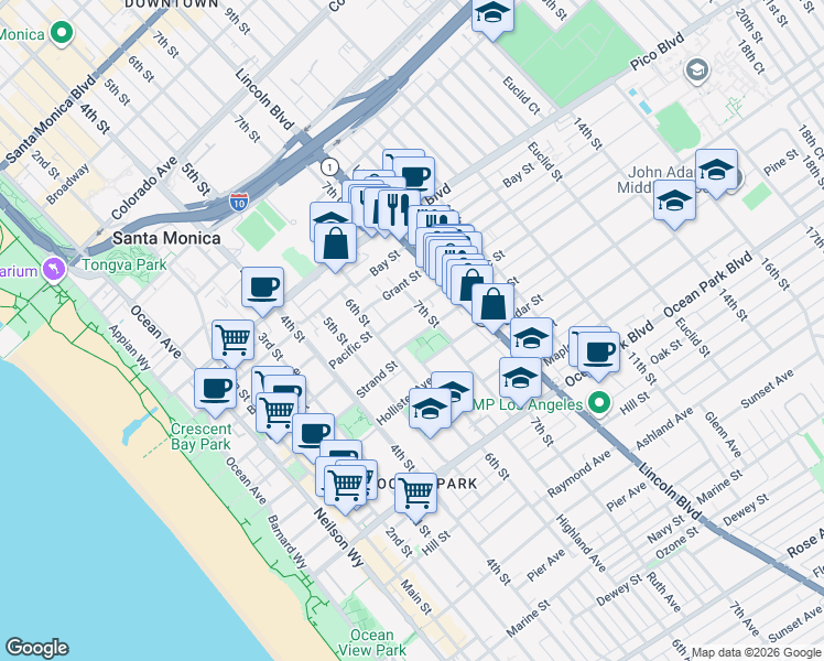 map of restaurants, bars, coffee shops, grocery stores, and more near 631 Strand Street in Santa Monica