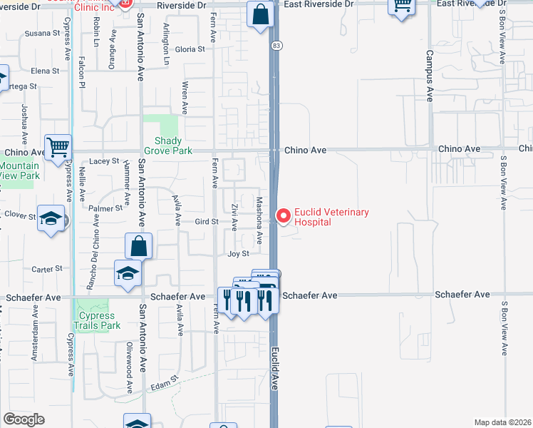 map of restaurants, bars, coffee shops, grocery stores, and more near 13423 Euclid Avenue in Chino