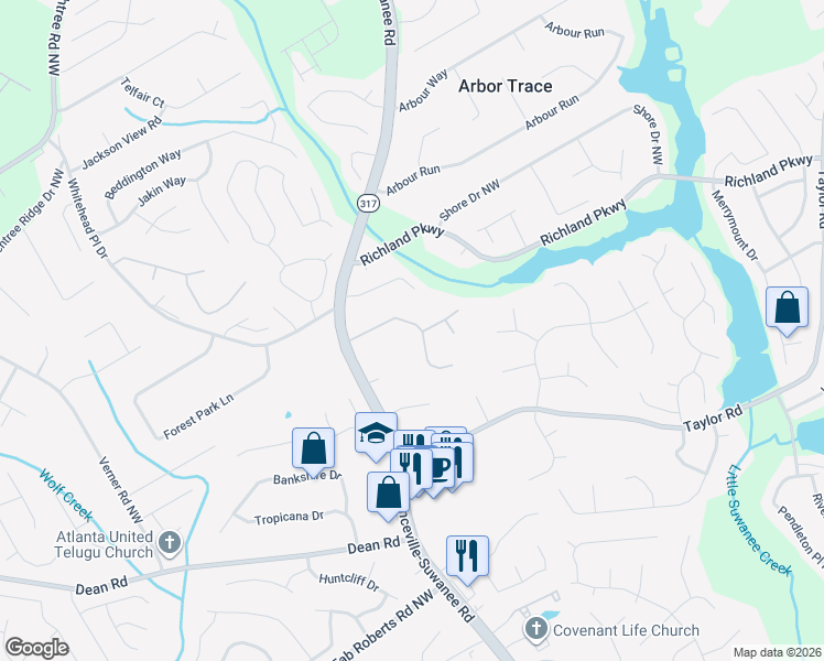 map of restaurants, bars, coffee shops, grocery stores, and more near 457 Lee Miller Drive in Suwanee