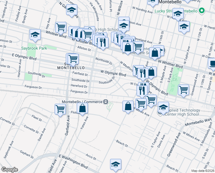 map of restaurants, bars, coffee shops, grocery stores, and more near 2032 Hereford Drive in Montebello
