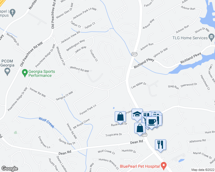 map of restaurants, bars, coffee shops, grocery stores, and more near 647 Kenridge Drive in Suwanee