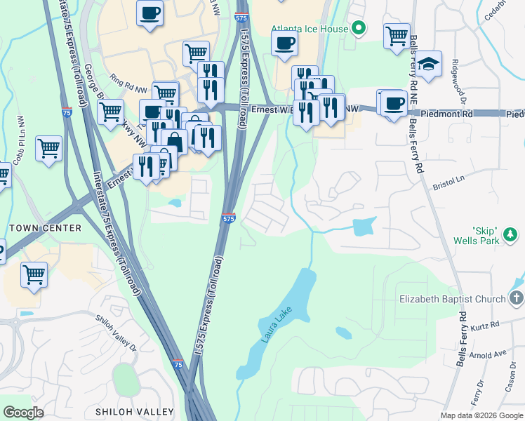 map of restaurants, bars, coffee shops, grocery stores, and more near 253 Cavendar Way in Marietta