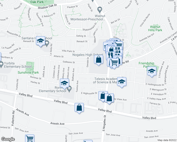 map of restaurants, bars, coffee shops, grocery stores, and more near 482 Gendel Drive in La Puente