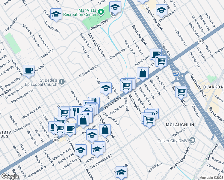 map of restaurants, bars, coffee shops, grocery stores, and more near 3739 Barry Avenue in Los Angeles