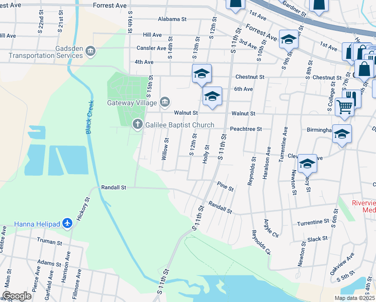 map of restaurants, bars, coffee shops, grocery stores, and more near 925 South 12th Street in Gadsden