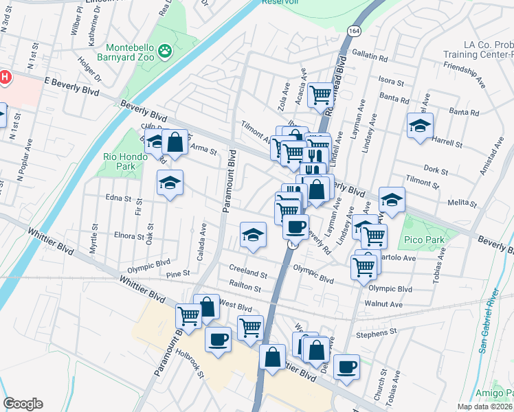 map of restaurants, bars, coffee shops, grocery stores, and more near 4563 Bridgeview Avenue in Pico Rivera