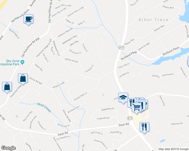 map of restaurants, bars, coffee shops, grocery stores, and more near 655 Kenridge Way in Suwanee
